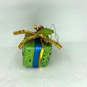 Miniature Christmas Gift Box Ornament Green Sparkle Ribbon Holiday Decor